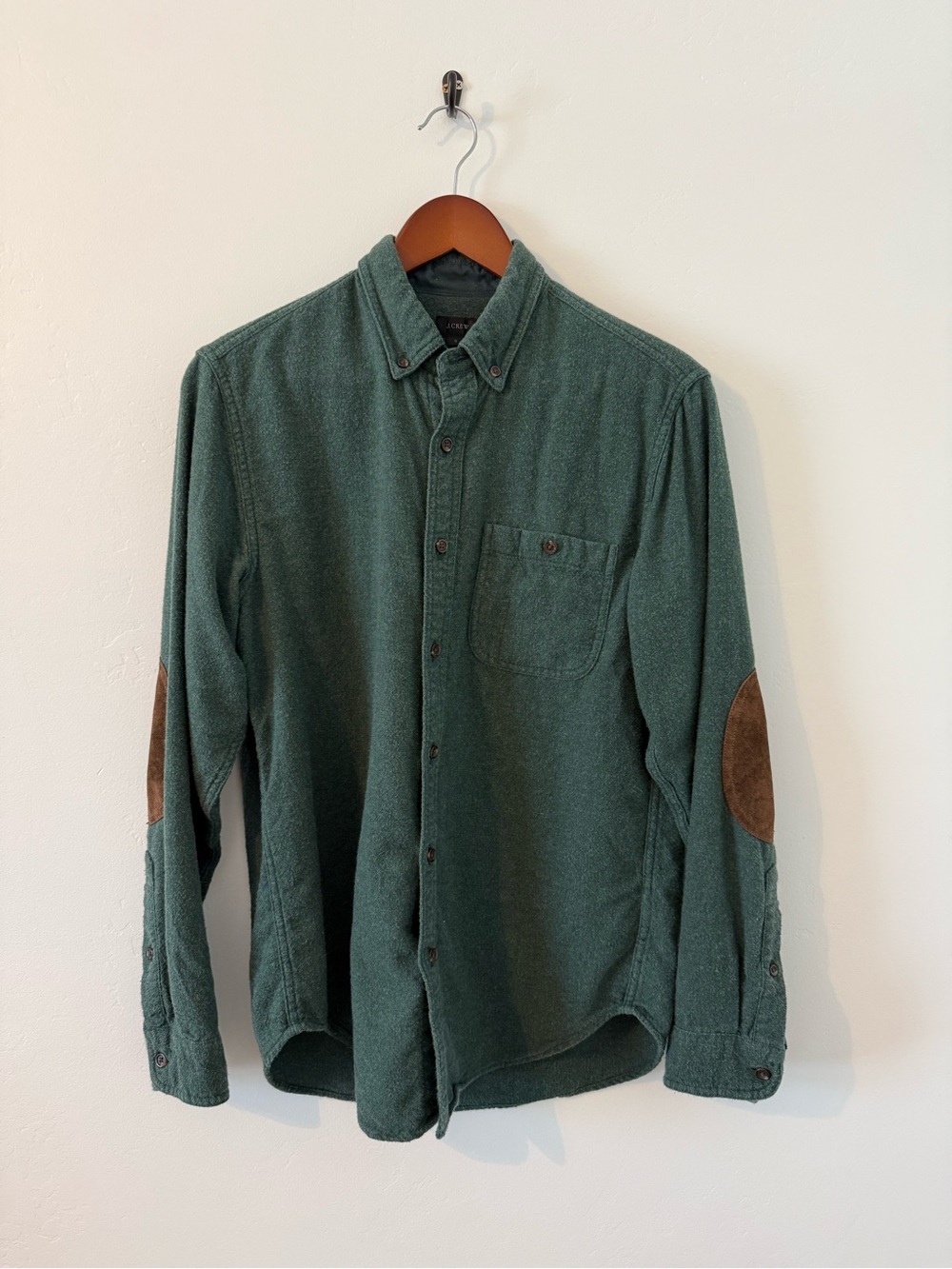 J. Crew Wool Green Button-Down Shirt with Brown Elbow Patches - Men’s S